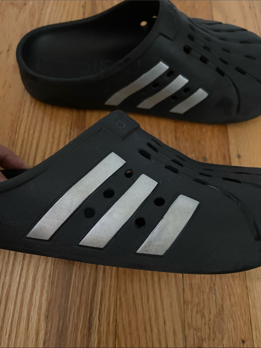 adidas Black Clog Sandals with Silver Stripes - Picture 4 of 7